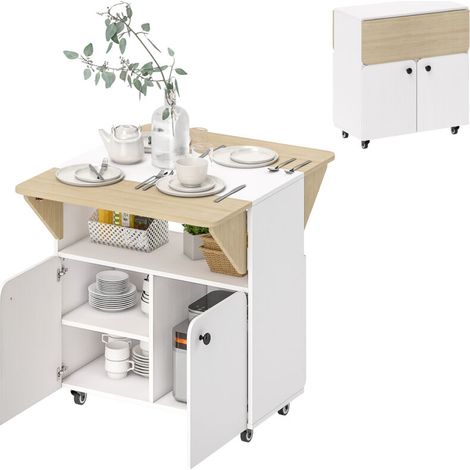 Table à manger pliante sur roulettes blanche 70x83x75cm, table de cuisine 4 personnes avec 2 abattants, étagère et placard intégrés, meuble escamotable polyvalent pour petit espace (1/5)