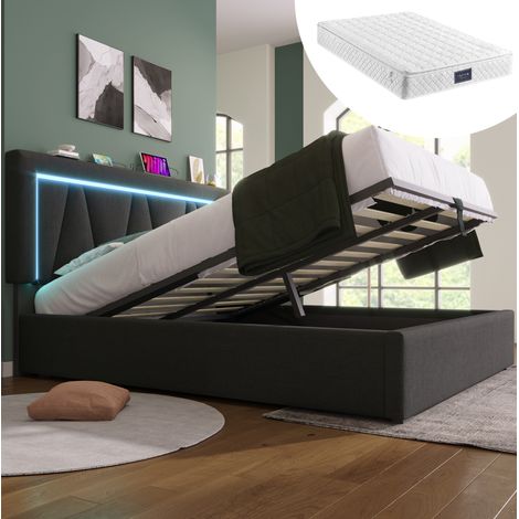 Cama doble tapizada con LED USB y colchón 160x200 OKMYHOME (1/5)