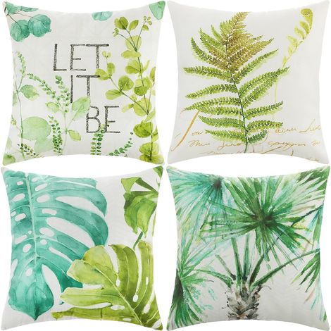 Housse de Coussin, Housse Coussin 45x45 Taie d'oreiller Lot de 4 Housses Coussin Decoratif Fleurs La Vie Marine Plante Tropicale Schéma pour Canapé Chaise de Salon (Vert-Lin) (1/5)