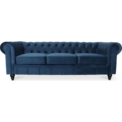 Canape Chesterfield Velours 3 Places Altesse Bleu foncé