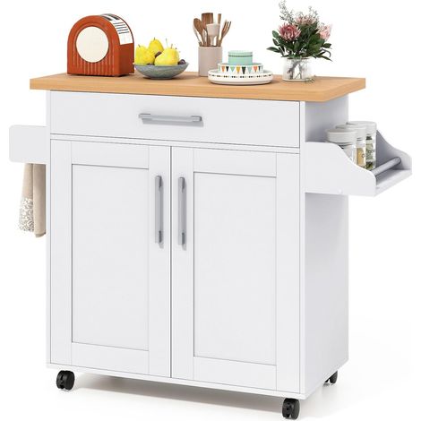 GOPLUS Desserte à Rouletttes Cuisine, 111 x 40 x 90 CM, Desserte Cuisine en Bois avec Grand Placard, Étagère 2 Niveaux Réglables et 1 Tiroir, Support à Épices, Porte-Serviettes Latéral, pour Salon (1/5)
