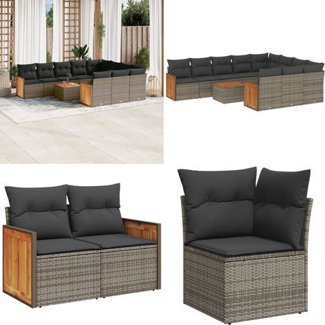 11-tlg. Garten-Sofagarnitur mit Kissen Grau Poly Rattan - Gartengestelle - Gartenmöbelset - Outdoor Möbel - Lounge Set - Rattan Gartenmöbel - Home & Living (1/5)