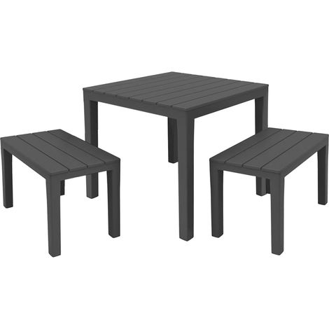 Garten Sitzgruppe mit Tisch in Holz Optik anthrazit - 3-teilig - Kunststoff Tischgruppe mit 2 Sitzbänken