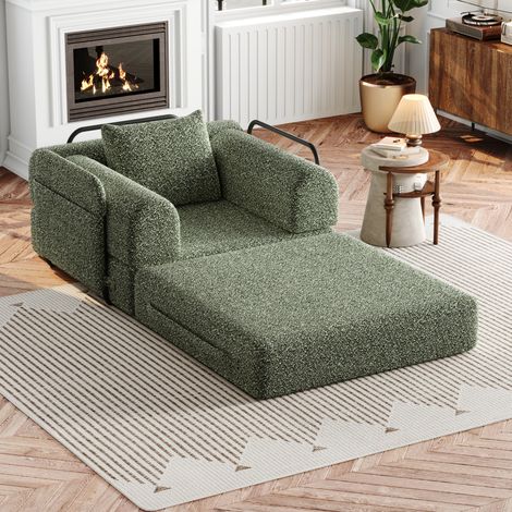 Divano letto singolo 2 in 1 con vano nel bracciolo, struttura in acciaio, rivestimento in ciniglia verde (1/5)