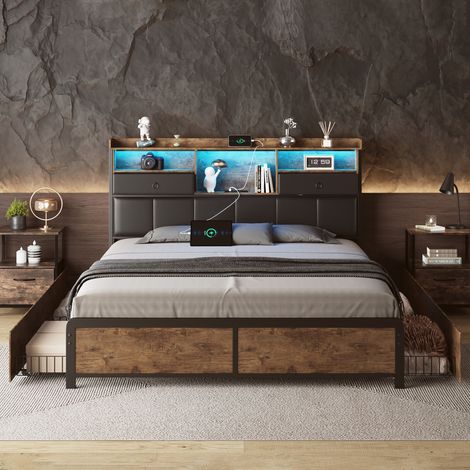 Lit140 x 200, lit double 140x200 avec tiroirs, lit adulte avec rangement, avec port USB et LED, Structure en métal, Sommier à Lattes (1/5)