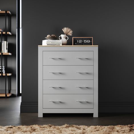 ELEGANT Chest of Drawers 4 Drawer Bedroom Furniture Storage Unit Cabinet with Metal Handles, Grey/Oak (1/5)