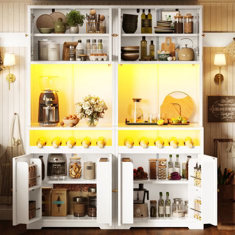 Armario buffet doble blanco (140x38.3x180 cm), con LED RGB, puertas de vidrio, botellero, MDF y metal (1/5)