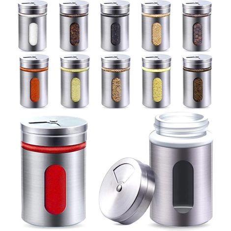 12 frascos de especias plateados  Set de dispensadores de especias de acero inoxidable 90ml  Con ventana y control profesional de especias  Para especias/hierbas (1/4)