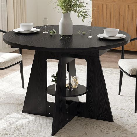 Table à Manger Ronde 120cm pour 4-6 Personnes avec Étagère de Rangement, Plateau MDF Épais 3cm, Pieds en Croix Stables,noir (1/4)