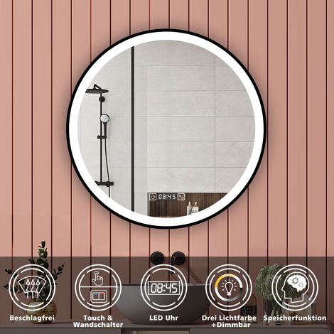 80cm Rund Wandspiegel Badspiegel mit beleuchtung Touch-Schalter+Uhr+Beschlagfrei+3 Lichtfarben Dimmbar+LED Memory Funktion Energiesparend Lichtspiegel (1/5)