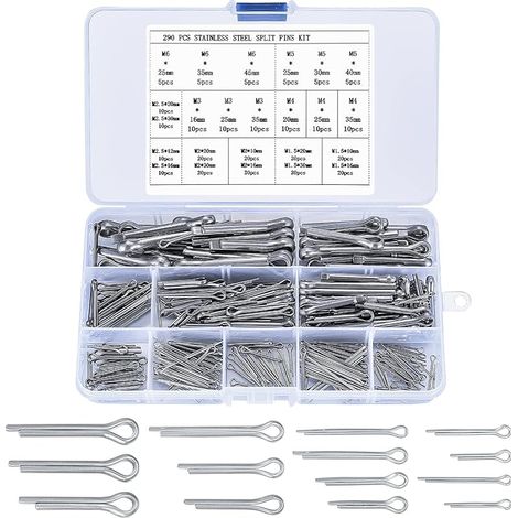 290 Pièces Coffret de Goupilles Fendues, Goupilles Fendues Acier Inoxydable, Goupilles Clips Fendues de Sécurité à Ressort de Verrouillage pour Voitures (1/5)