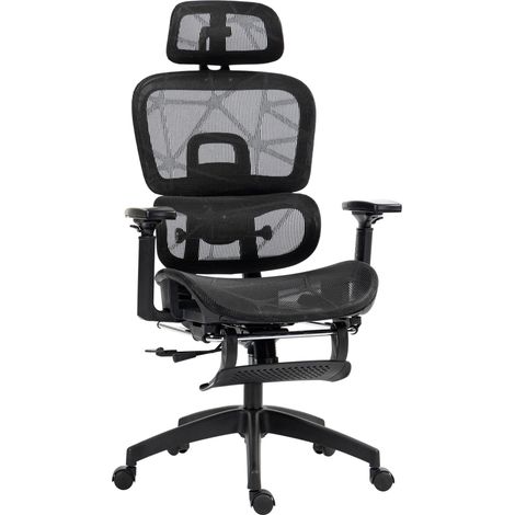 Fauteuil de bureau ergonomique avec accoudoirs, appui-tête, soutien lombaire, hauteur réglable, pivotant, en maille, avec fonction bascule et inclinaison, repose-pieds, noir