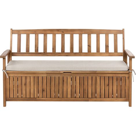 Outdoor Bench with Storage Brown Solid Acacia Wood Olefin 3 Seater 160 cm with Beige Cushion SOVANA (1/5)