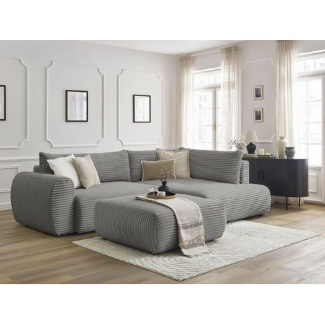 BOBOCHIC - Canapé d'angle L convertible coffre LUCIEN gros côtelé doux avec pouf Angle droit  Gris foncé (1/5)