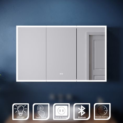 ELEGANT 1050 x 650 x 125mm Bathroom Illuminated LED Mirror Cabinet with Shaver Socket, Bluetooth and Stainless Steel Cabinet (1/5)