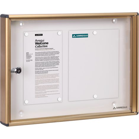 Arregui – Panneau d'affichage en aluminium 35 x 48 cm – Vitrine avec serrure à clé – Fond aimanté – 8 aimants – Format 2 x A4 – Doré
