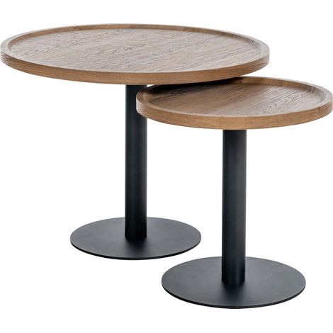 Ensemble de tables d'appoint moderne plateau rond en bois marron Ø60cm et Ø40cm pied central en métal noir 100009155