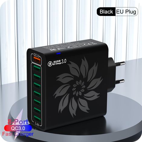 Chargeur multifonction à recharge rapide 120 W, 8 ports USB QC 5.0, plusieurs interfaces, chargeur, chargeur rapide QC 3.0 (noir) (1/5)