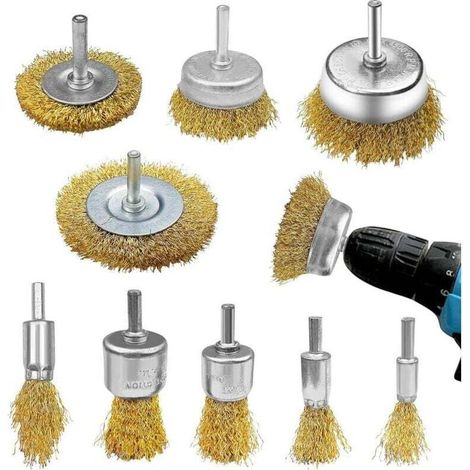 Set mit 9 Metallbohrbürsten, Messingbohrbürsten mit 6-mm-Schaft, Schleifbürsten, Schraubendreherbürsten zur Reinigung von Holz und Metall, Entfernung von Rost/Korrosion/Farbe (1/5)