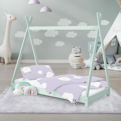 ML-Design Cama Infantil Tipi Verde Menta 70x140 cm Madera de Pino Maciza con Somier Estructura de Listones, Cuna de Suelo Forma de Casa Tienda de Campaña de Indio Mobiliario Juego, Lecho Niño y Bebé (1/5)