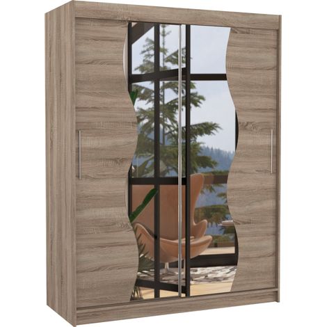 Armoire de chambre bois truffe 2 portes coulissantes avec miroir Renka 150cm (1/5)