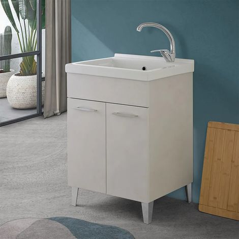 Mobile lavatoio 60x50 cm grigio calce vasca in ceramica e kit di scarico Moon (1/5)