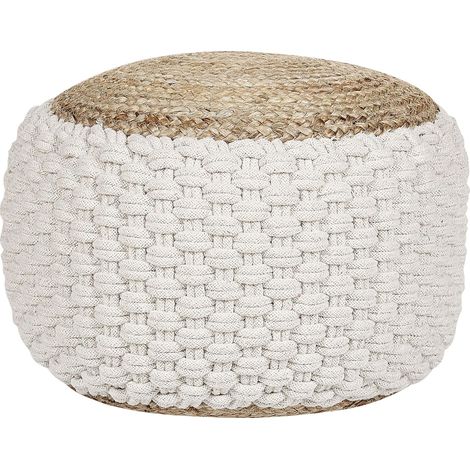 Pouf Tricoté en Coton et Jute Blanc et Beige 50 cm Remplissage à Billes EPS Aiza