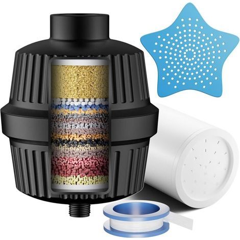Filtre de Douche 34 Étapes avec Vitamine C pour Eau Dure, Filtre Anti-Calcaire avec 2 Cartouches pour Éliminer le Chlore et les Métaux Lourds, Filtre de Douche, Noir (1/5)