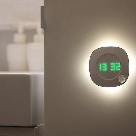 Horloge murale LED à détecteur de mouvement PIR, lampe 360°, port USB, design moderne, affichage numérique de l'heure, lampe de chevet pour cuisine, salle de bain ou bureau. (1/5)