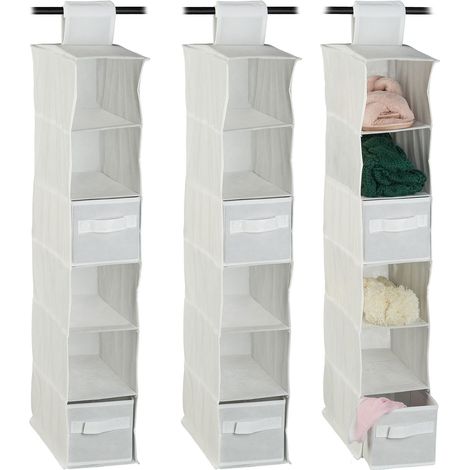 Set of 3 Relaxdays Fabric Hanging Shelves, 6 Compartments with 2 Drawers, Foldable, Size: 82 x 14.5 x 30 cm, White