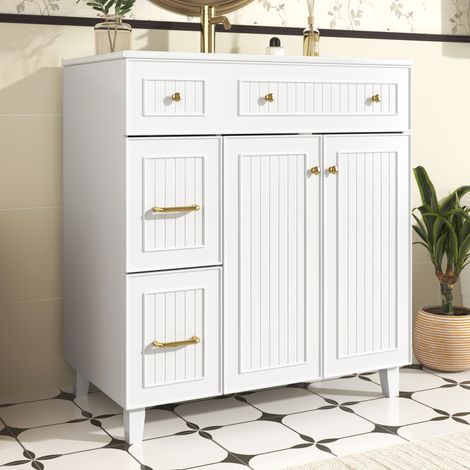 Mobile sotto lavabo con 1 Anta e Cassetti, Lavabo in Ceramica, Superficie Laccata, Piedi in Legno Massello, Bagno, MDF, Bianco (1/5)