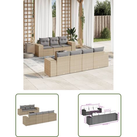 The Living Store 8-tlg. Garten-Sofagarnitur mit Kissen Beige Poly Rattan - Gartenmöbel Set - PE-Rattan Möbel - Outdoor Lounge - Esstisch - Sofasitzgruppe