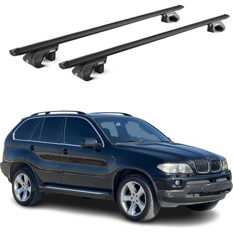 OMAC Barres de toit aluminium certifiées TÜV pour BMW X5 E53 E70 1999-2013 5 Portes – Pour rails de toit standards – Rainure en T – Charge max 90 kg – 2 antivols Noir (1/4)