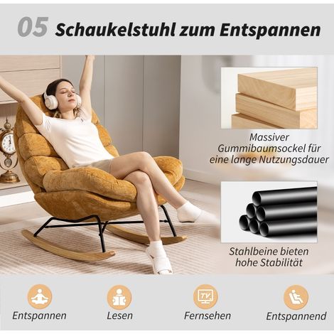 Fauteuil à bascule rembourré, piètement en acier et patins en bois, jaune (1/5)