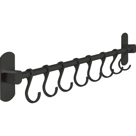 CSPARKV 49x2.5 x9cm Black Kitchen Utensil Holder Black Adhesive - Kitchen Utensil Hanger - Kitchen Bar with 8 Hooks - Organizers or Tools for Kitchen, Bathroom or Garage