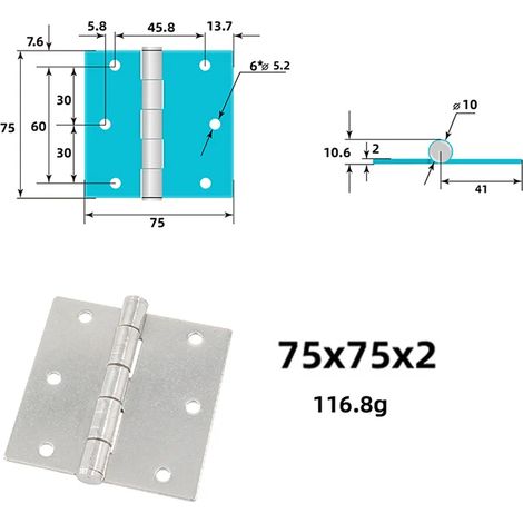 Charnière (75 x 75 x 2) en acier inoxydable 304 renforcé, charnière pour équipement mécanique, charnière plate pliante industrielle robuste, charnière à plaque rabattable (1/5)