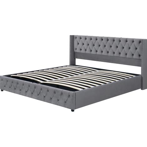 Cama canapé tapizada gris 160x200 cm con somier elevable, terciopelo, MODENUIT (1/5)