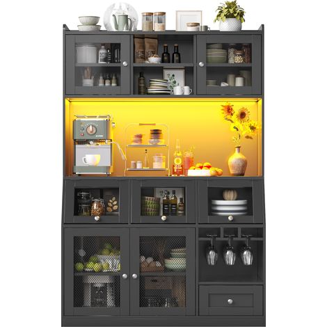 Vaisselier de cuisine vitré avec LED multicolore, USB et grand rangement 120 x 40 x 181,7 cm, noir, MDF et métal, sécurité anti-basculement – CHICFURN (1/5)