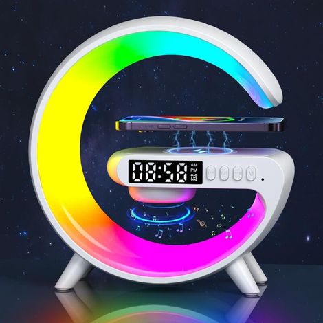 Lampe de table intelligente sans fil – Chargeur sans fil – Haut-parleur Bluetooth – LED avec intensité variable – Veilleuse USB blanc (1/5)