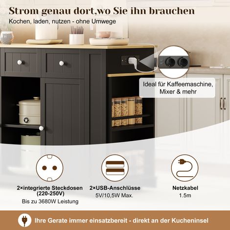 Îlot de cuisine mobile, chariot de cuisine avec table escamotable, comptoir de bar rétractable, 7 roulettes, étagères de rangement, tablettes réglables, 138 (213) x 55 x 93 cm (1/5)