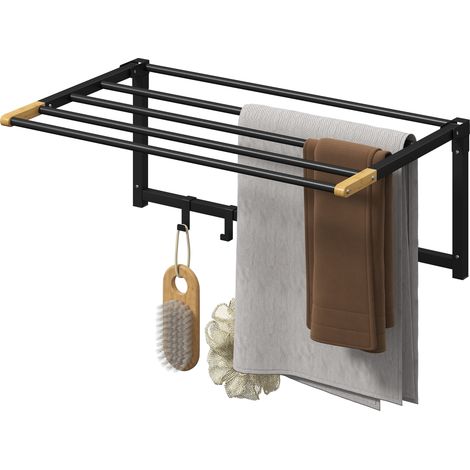 Porte-serviettes mural pliable pour salle de bain, 60 cm, noir, avec 5 barres et 6 crochets. (1/5)