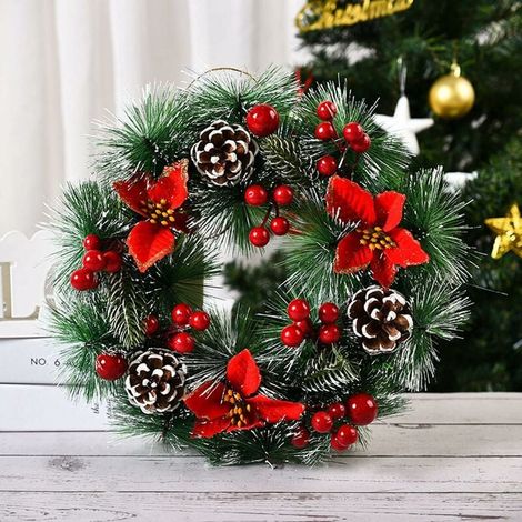 Guirlande de Noël, décoration murale de vitrine à suspendre pour porte d'hiver 12,6" avec pommes de pin, grappes de baies (1/4)