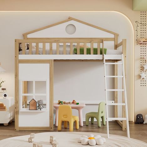 Lit superposé cabane 90 x 200 cm en pin/MDF blanc + naturel avec escalier, barrières et toit (1/5)