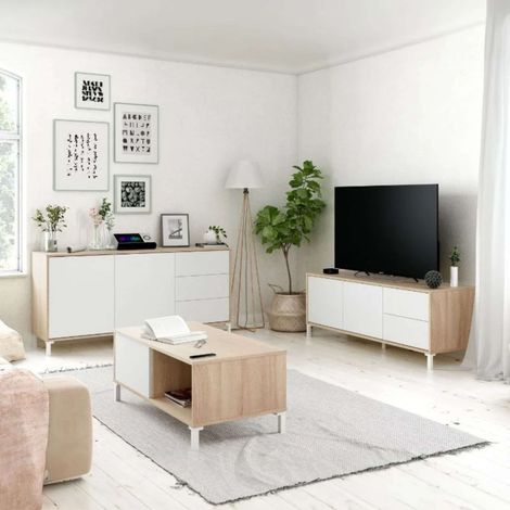 Pack de salón Brooklyn en color roble canadian y blanco artik Estilo nórdico