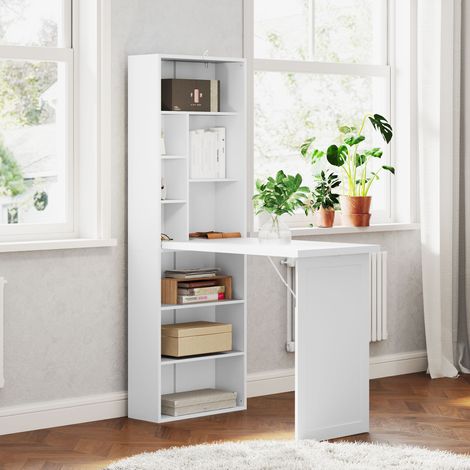 Bureau d'ordinateur pliable avec bibliothèque. poste de travail. tableau blanc et étagère réglable. 98x51x153cm. blanc