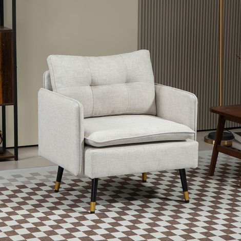 Sillón de Salón Moderno Tapizado en Lino con Reposabrazos Asiento Acolchado y Patas de Acero 76x68x80 cm Crema (1/5)