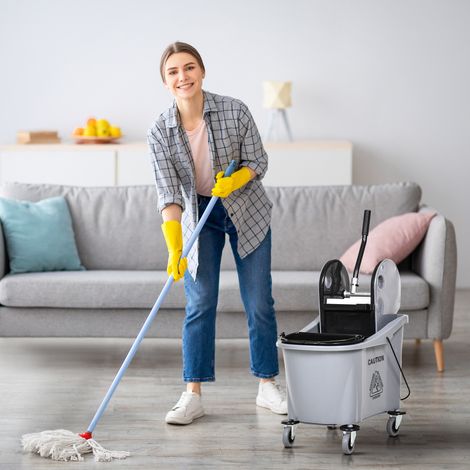 Seau Serpillière Roues Chariot Nettoyage Essoreur Pression Seaux Séparés Gris 36l 54x41x91,5cm (1/4)