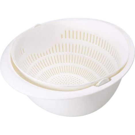 Passoire de cuisine 2 en 1 multifonction, avec bac d'égouttage rotatif double couche et panier intégré pour laver, nettoyer et égoutter fruits et légumes (1/5)