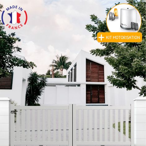 Portail aluminium coulissant ajouré en kit+ Motorisation dimensions L.3000 (entre piliers) X H.1200 mm Couleurs Blanc (RAL 9010)