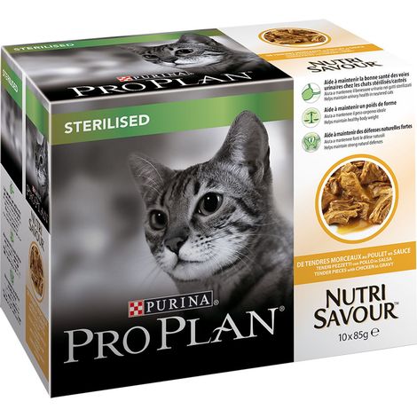 Sachets fraîcheur NutriSavour pour chat stérilisé au poulet – Pack de 10 sachets de 85g – Aliment complet pour santé urinaire – Pro Plan